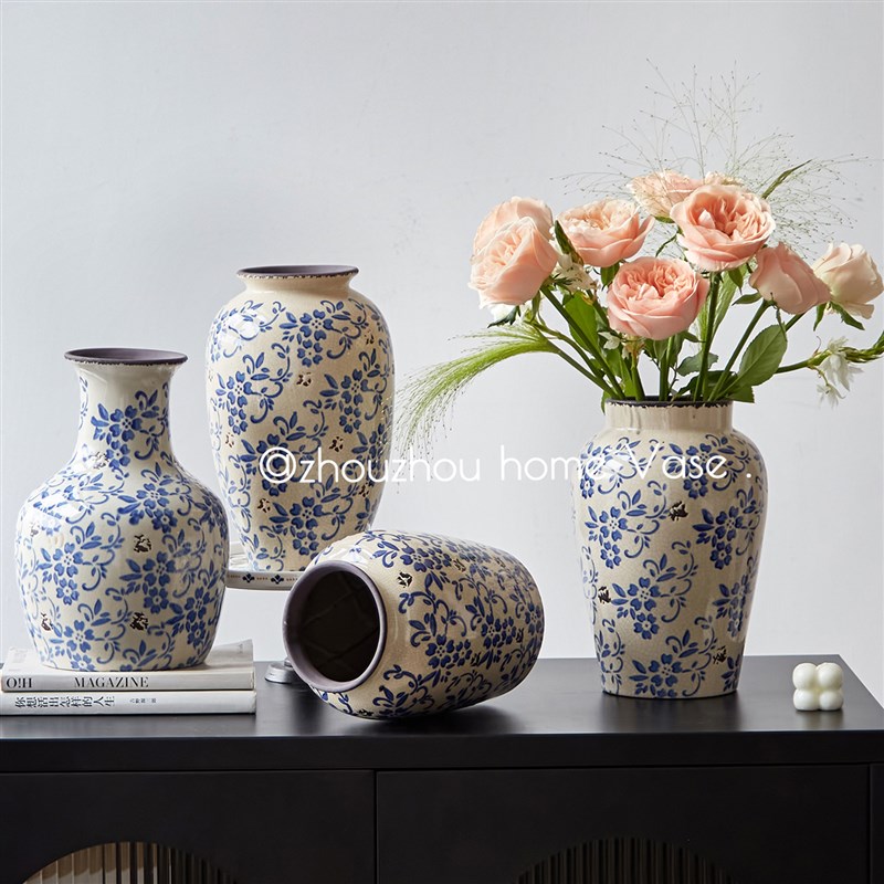 新中式青花瓷花瓶大绿植干燥花插花覆古陶瓷花器客厅V玄关装饰品