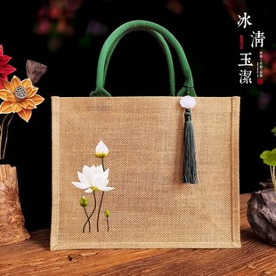 新款 白荷花麻布袋复古莲花黄麻袋手拎礼品袋文艺O亚麻包定做印log