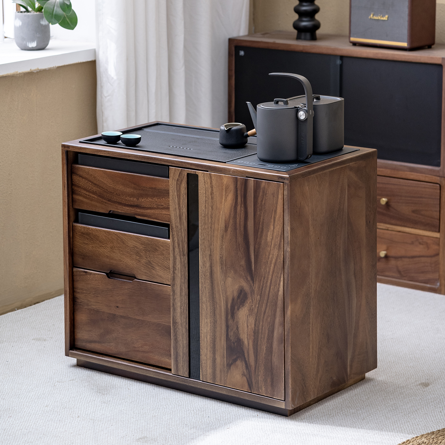 黑胡桃木实木茶水柜烧水壶一体小茶台移动泡茶桌简约沙发边柜边几