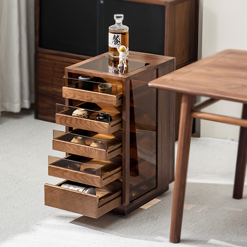 白蜡木茶具收纳玻璃展示柜实木牙科柜移动茶桌边柜茶台置物架茶具