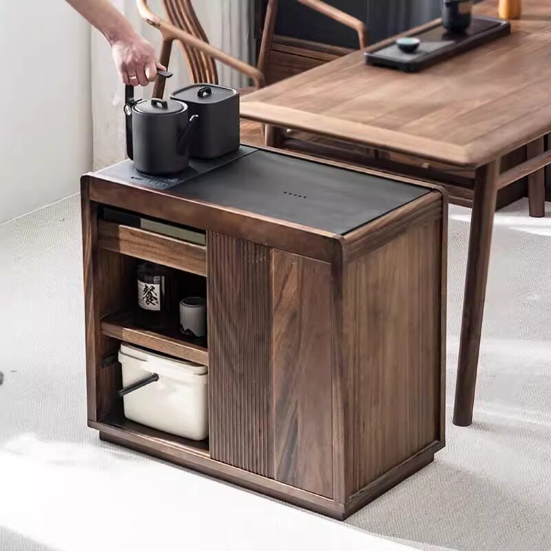 胡桃木茶水柜小茶台茶水边柜移动茶水台烧水壶一体泡茶桌中古风
