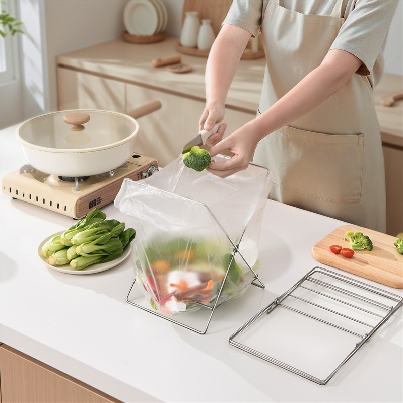 家用不锈钢垃圾袋架子收纳抹布架可折叠厨房N分类垃圾桶塑料袋架