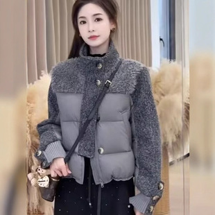 高端韩系羊羔毛拼接羽绒服女25冬立领面包服高级感白鸭绒短款外套