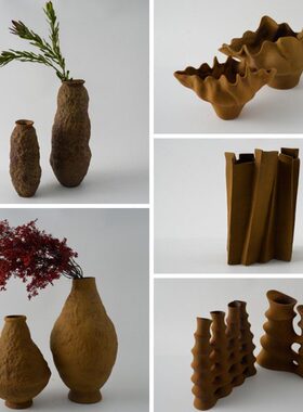 土黄色不规则玄关样板房陶瓷花瓶摆件器新中式装饰品异形插花茶室