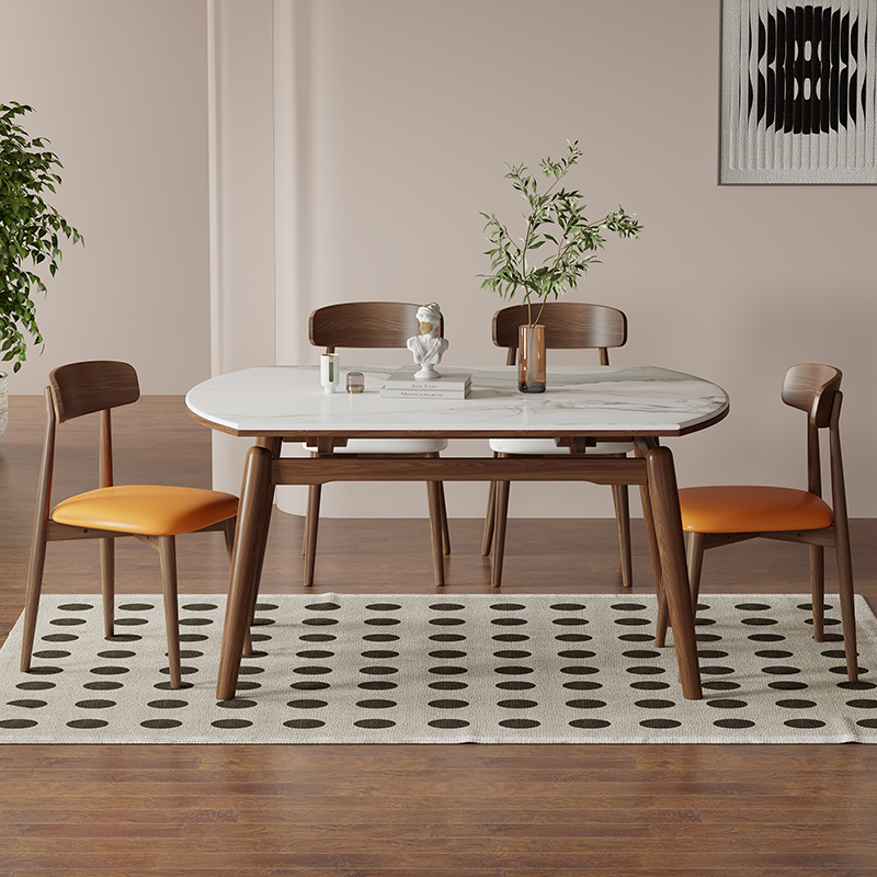 原木奶油风岩板餐桌椅组合u现代简约小户型家用可伸缩实木圆形饭