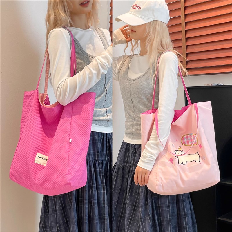 帆布包女2025可爱刺绣小v狗布袋子大容量拎书袋学生上课单肩包夏