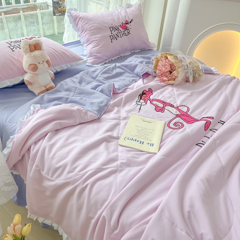 卡通刺绣粉红豹粉单夏被少女水洗棉凉感K午休空调被女宿舍夏单双