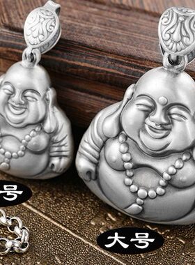 银笑999大大毛衣链足银复古挂坠佛像佛纯银佛女项链吊坠弥勒佛肚