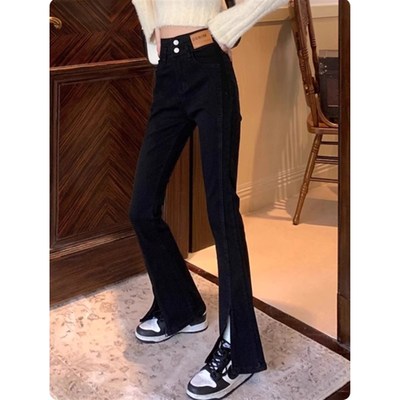 胖小皮~黑色微喇牛仔裤女新款加绒高腰小个子大码显瘦梨形喇叭裤