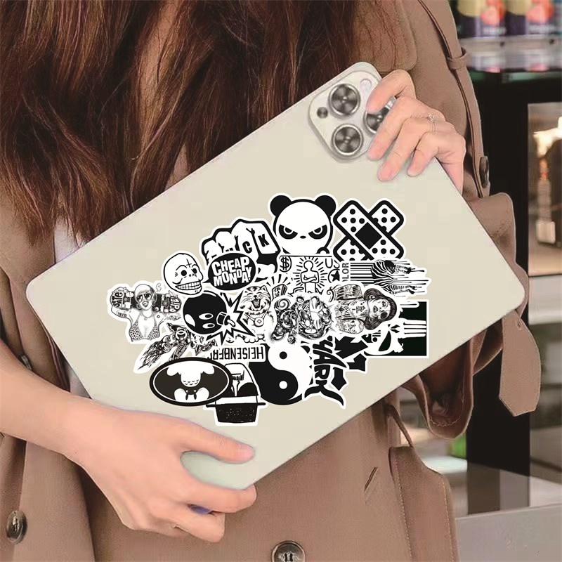 新60张黑白色系高级感潮酷艺术高品质涂鸦贴纸装饰笔记本头盔保温