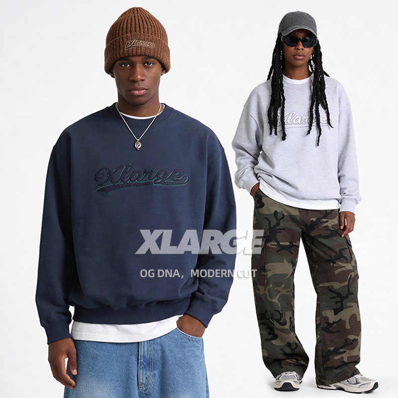 XLARGE男款丝绒刺绣标志圆领卫衣2025年新款秋冬款宽松百搭上衣潮