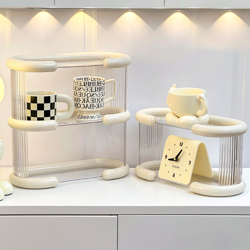 奶油风杯架咖啡杯置物架压克力水杯盒双层台面茶杯茶具杯子架