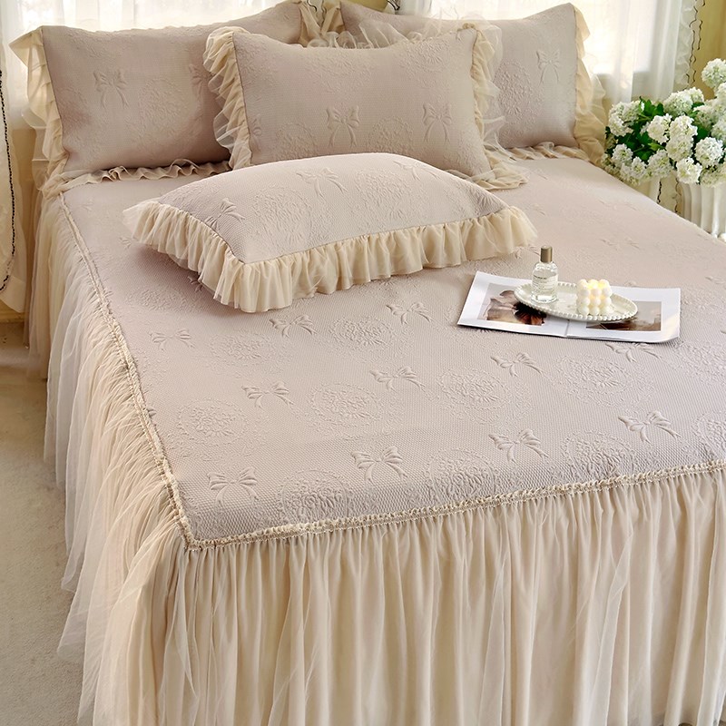 夏季裸睡冰豆豆凉席床裙款三件套公主风蕾丝边纯色凉感空调软席子