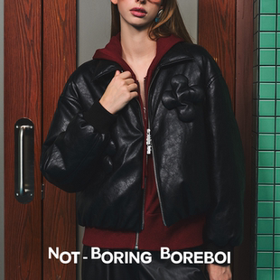 油蜡皮复古廓形立体感 磁吸挂饰 机车短羽绒服