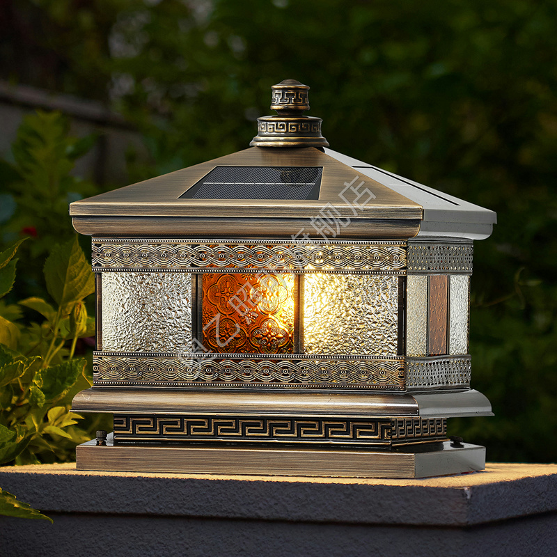 全铜太阳能e柱头灯户外围墙庭院灯别墅花园室外门柱灯大门口柱子