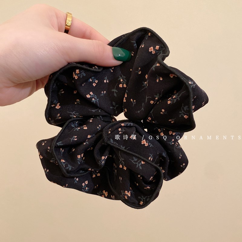 法式气质黑色碎花大肠发圈女2024F新款复古优雅马尾头绳皮筋头花