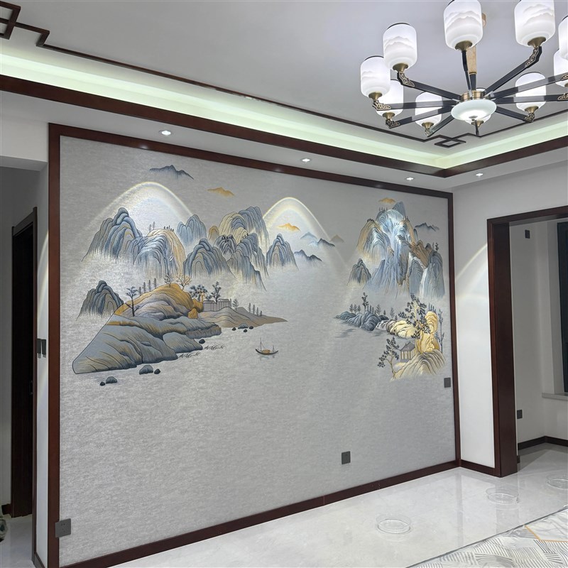 独绣新中式山水客厅沙发电视背景墙布悠K然山居刺绣壁布无缝墙布