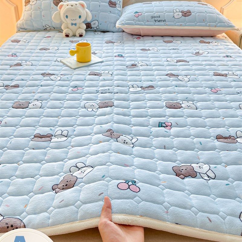 卡通牛奶绒床褥垫冬季加绒加厚床垫褥子床单人珊T瑚绒毛毯防滑垫
