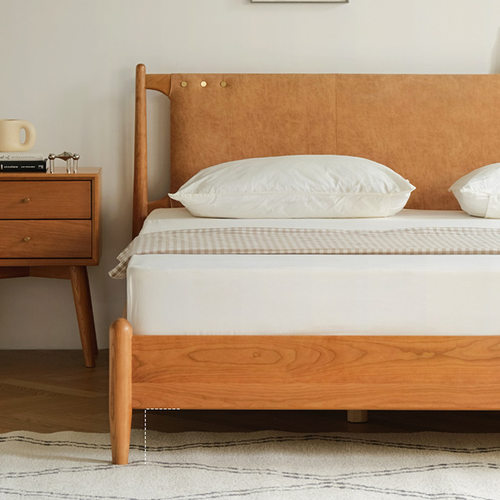 北欧实木床复古樱桃木软包1.8米双人床小户型卧室家具1.5米床