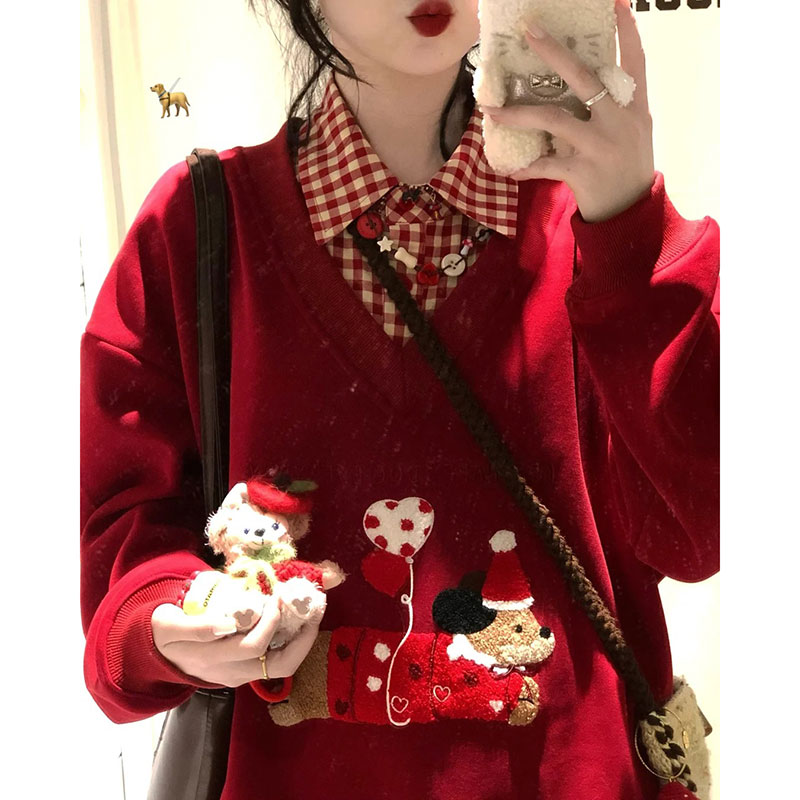 新年美式潮牌假两件红色圣诞卫衣女加绒加厚设计感秋冬季V领外套