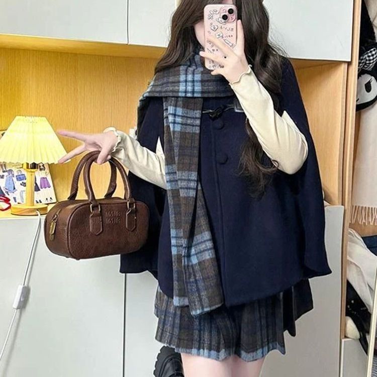 学院风JK制服套装女秋冬小个子牛角扣毛呢外套+格子百褶裙两件套