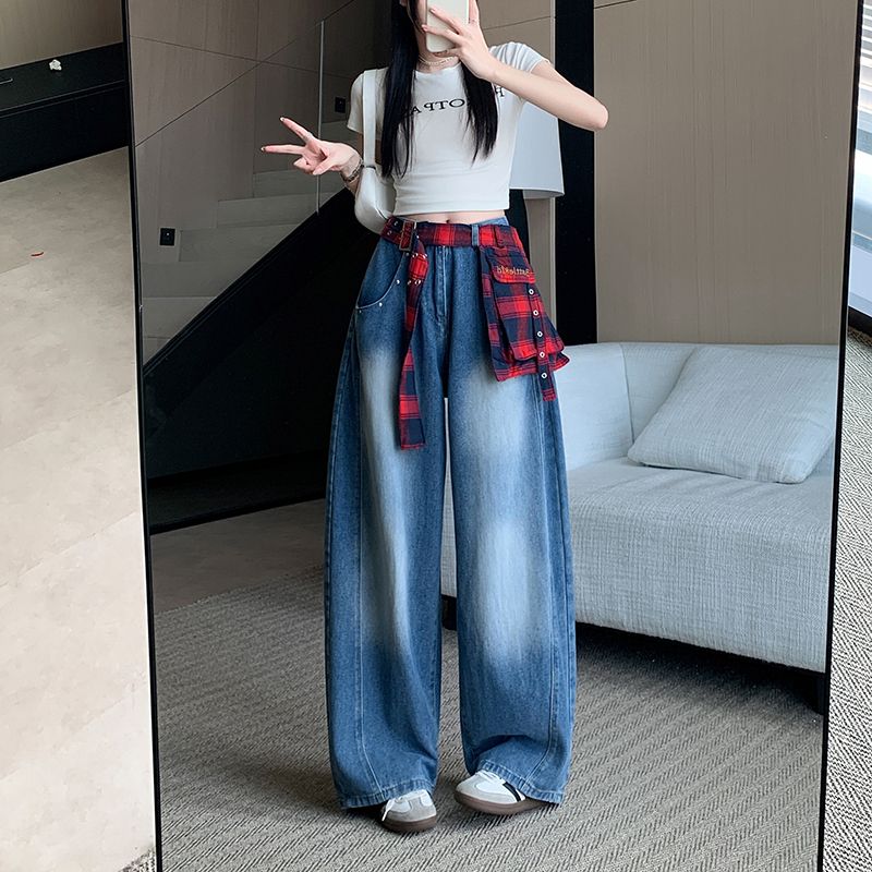 实拍实价~美式高街格子裙摆弯刀牛仔裤复古宽松阔腿裤百搭长裤
