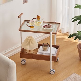 边几小推车日式玻璃藤编实木沙发边柜可移动茶几置物架阳台小桌子