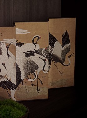 日式美学花鸟松雪山水画 画u图双面桌面小屏风茶桌屏风茶室背景摆