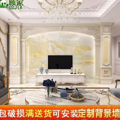 别墅大理石电视背景墙岩板瓷砖客厅欧式石材罗马柱造型装饰影视墙