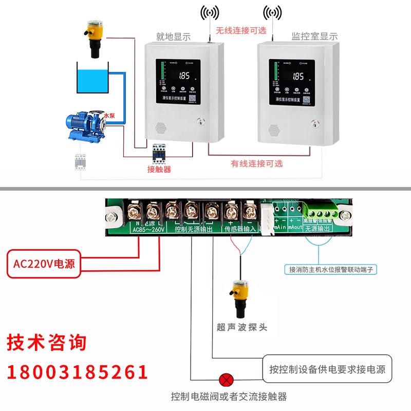 超音波液位计感测器控制器液位水位显示器高低报警控制水泵无线