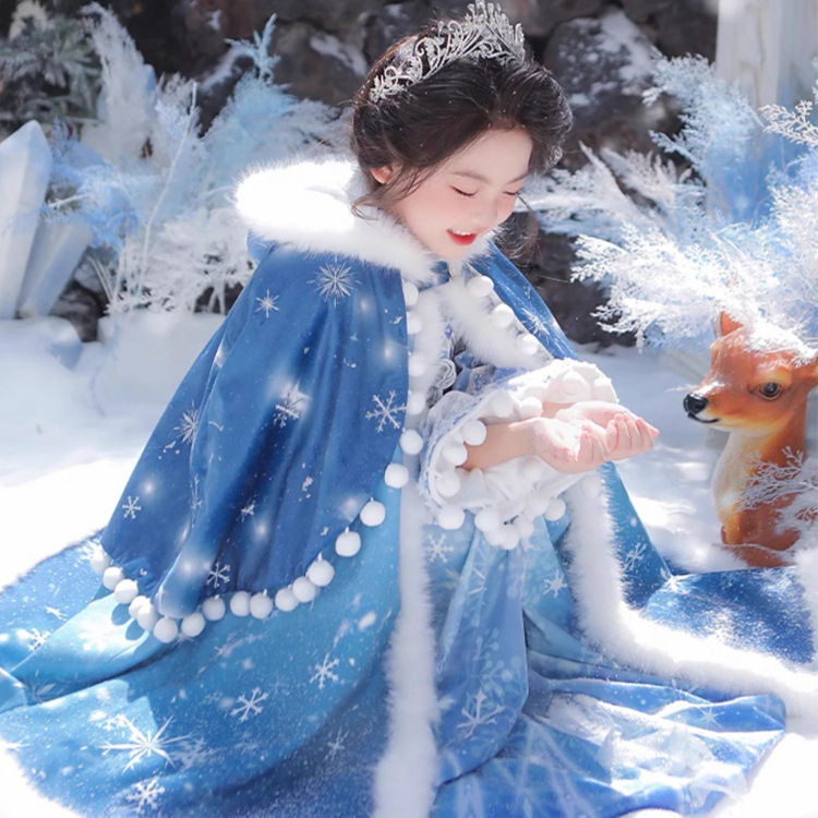 汉服女童新款拜年服儿童古风超仙连衣裙中国风公主裙加绒斗篷