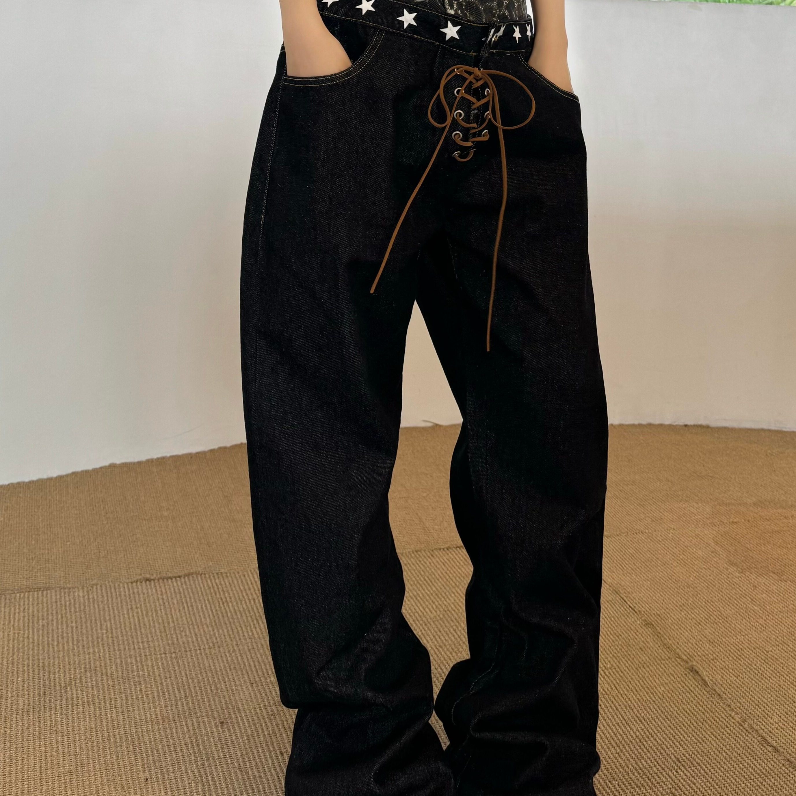 Code XI原创豹纹小众双腰抽绳弯刀牛仔裤宽松设计感原牛长裤男女