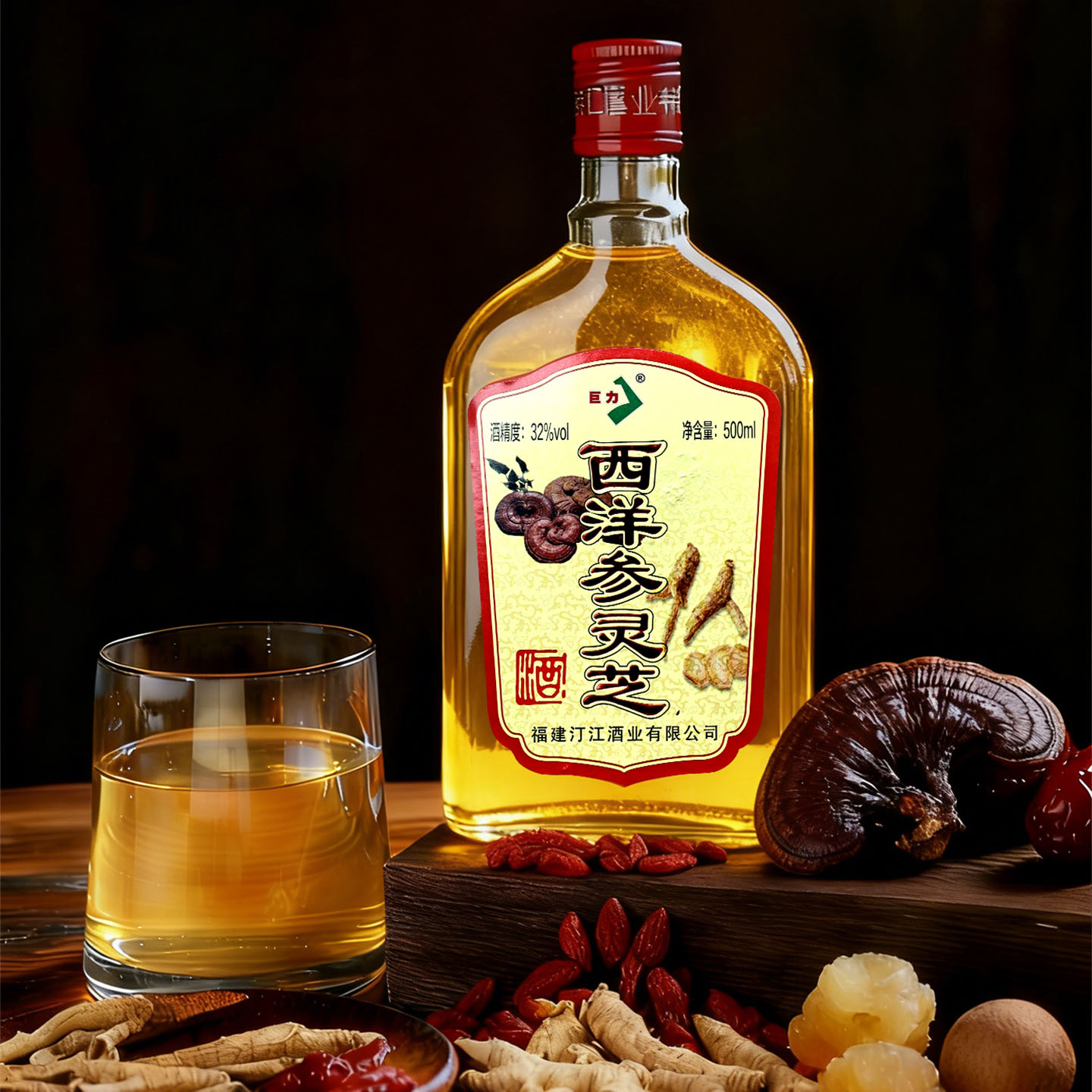 新品巨力西洋参灵芝酒32度500ml多种药食同源草本原料浸提露酒