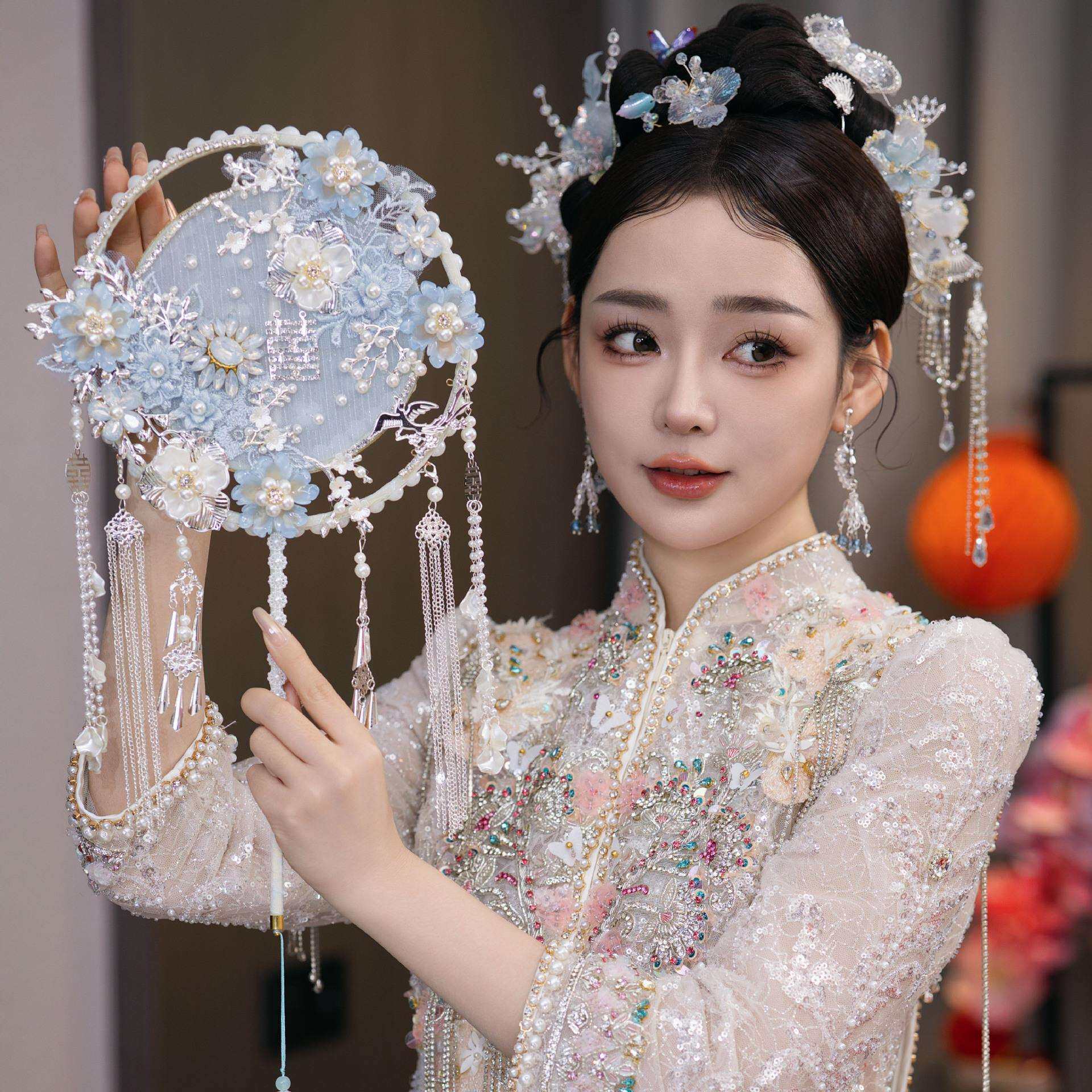 蓝色蕾丝新娘结婚秀禾服新中式双面成品遮面蓝色成品喜扇团扇9154