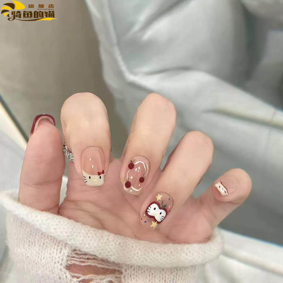超可爱苹果kitty蛋糕显白穿戴甲美甲可拆卸短甲片手工甜妹ins手绘
