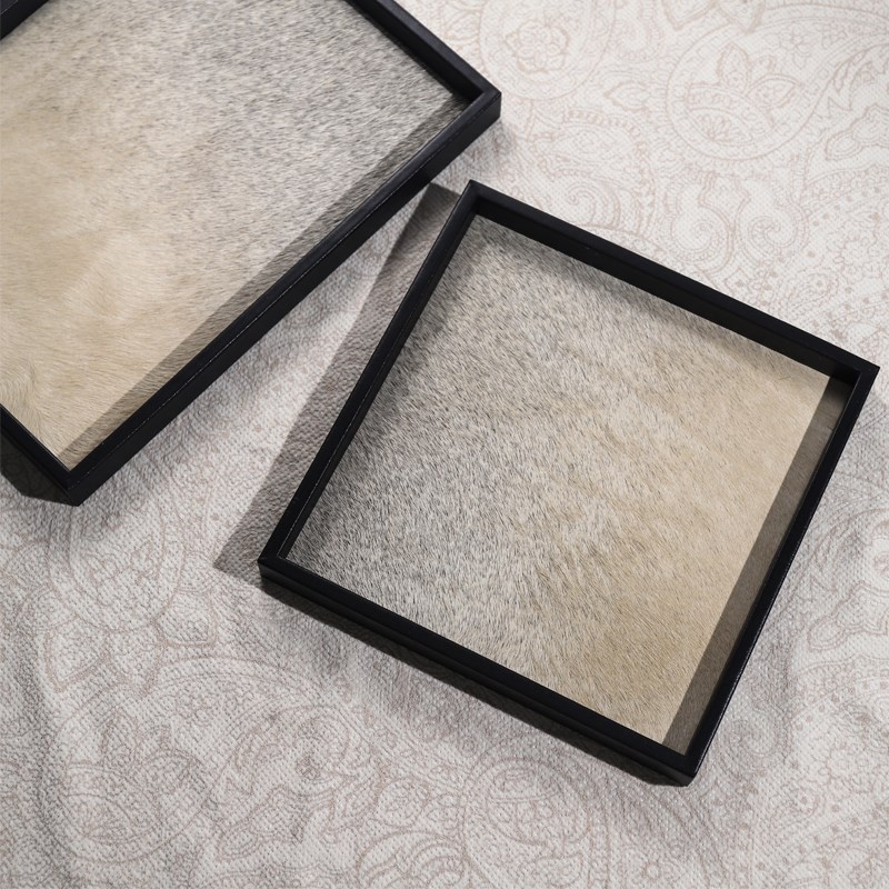 中古风黑色皮i革包边真皮马毛香薰托盘家居客厅茶几桌面摆件