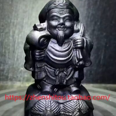 保真天然黑曜石大黑天摆件十圣水晶摩诃迦罗天神扛布袋手执大金槌