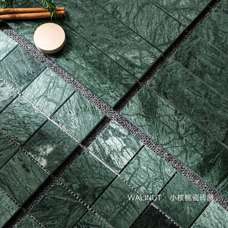 复古大理石墨绿色小格子s长条马赛克亮光墙砖卫生间浴室背景墙瓷