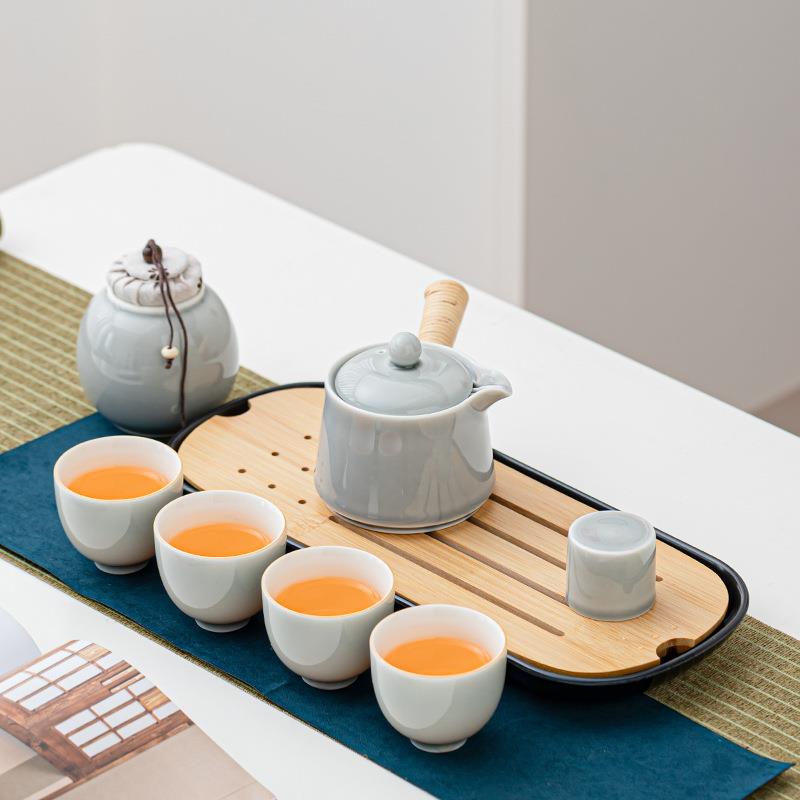 简美家用日式草木灰侧把壶茶具套装复古茶壶陶瓷客厅茶盘整套茶杯
