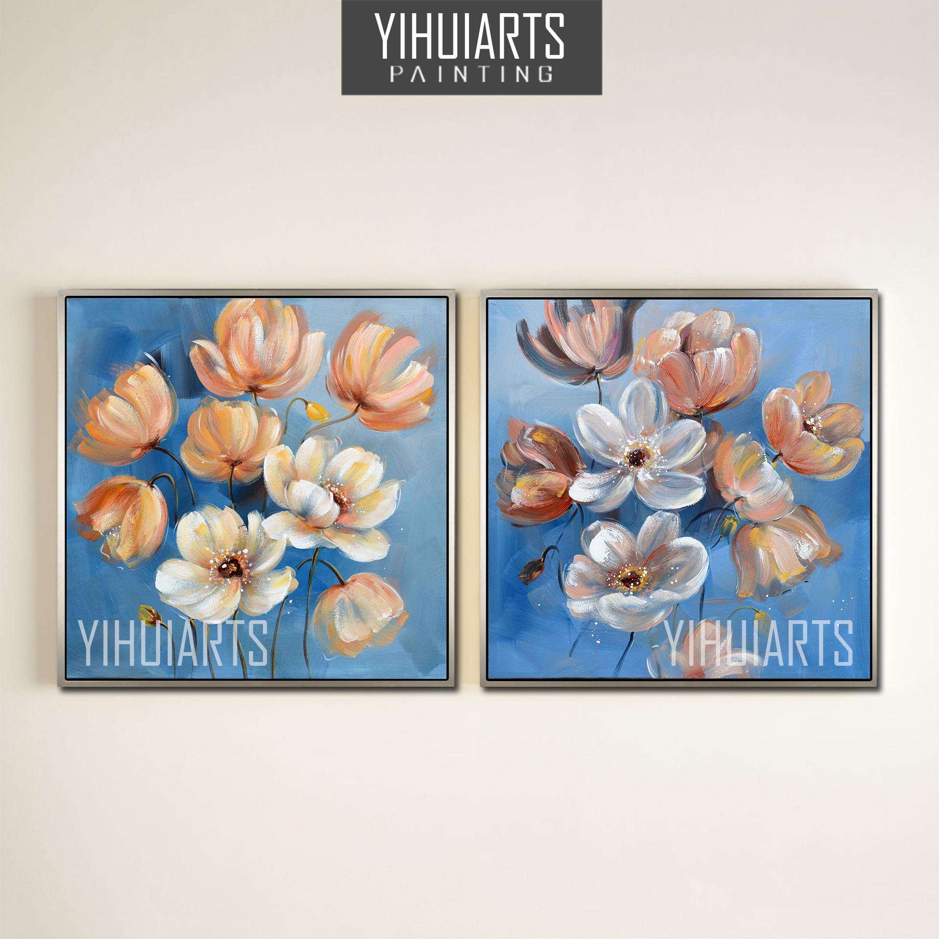两联花卉客厅卧室装饰画简约现代美式抽象画手绘餐厅组合有框油画