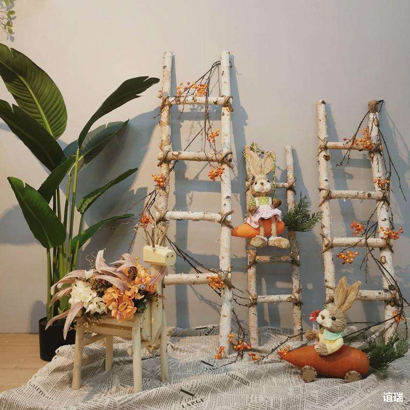 桦木梯子实木小鹿橱窗幼儿园自然角装饰品摆件花园农场布置垒德株