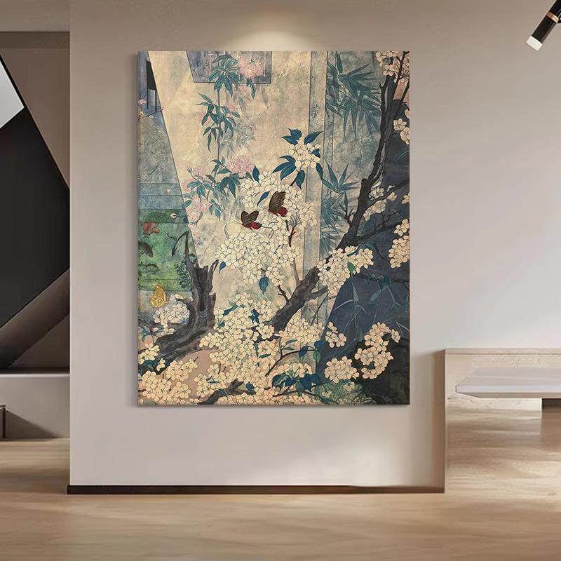 中古风白色梅花客厅装饰画蝴蝶绿色植物小众艺术复古怀旧玄关挂画