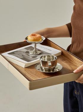 桌面收纳盘香薰收纳中式胡桃木托 托盘实木客厅零食点心盘皮质收