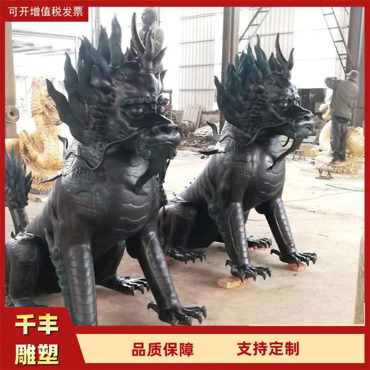 大型酒店公司门口仿古青铜麒麟摆件1.8米蹲铜麒麟