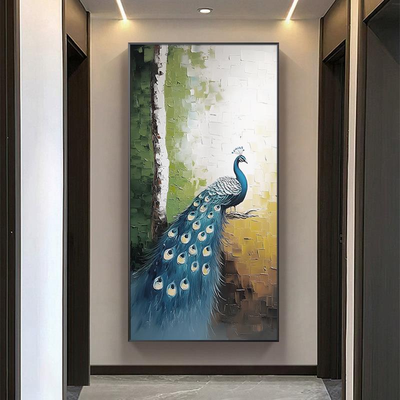 《蓝羽锦绣》高档孔雀玄关挂画现代大芬村手绘油画竖版客厅挂画