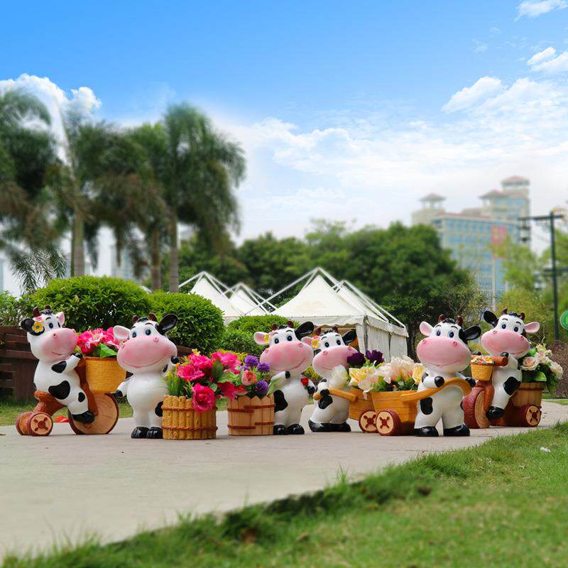 户外奶牛玻璃钢雕塑商场卡通花盆花园林庭院摆件幼儿园装饰工艺品