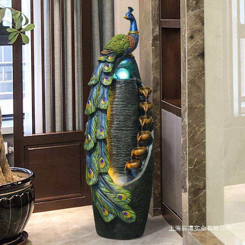 中式流水喷泉摆件孔雀客厅风水轮阳台室内开业送礼景观落地加湿器