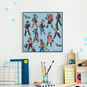 日韩温馨儿童假日简笔手绘版画家庭时光春游时光挂画儿童房装饰画