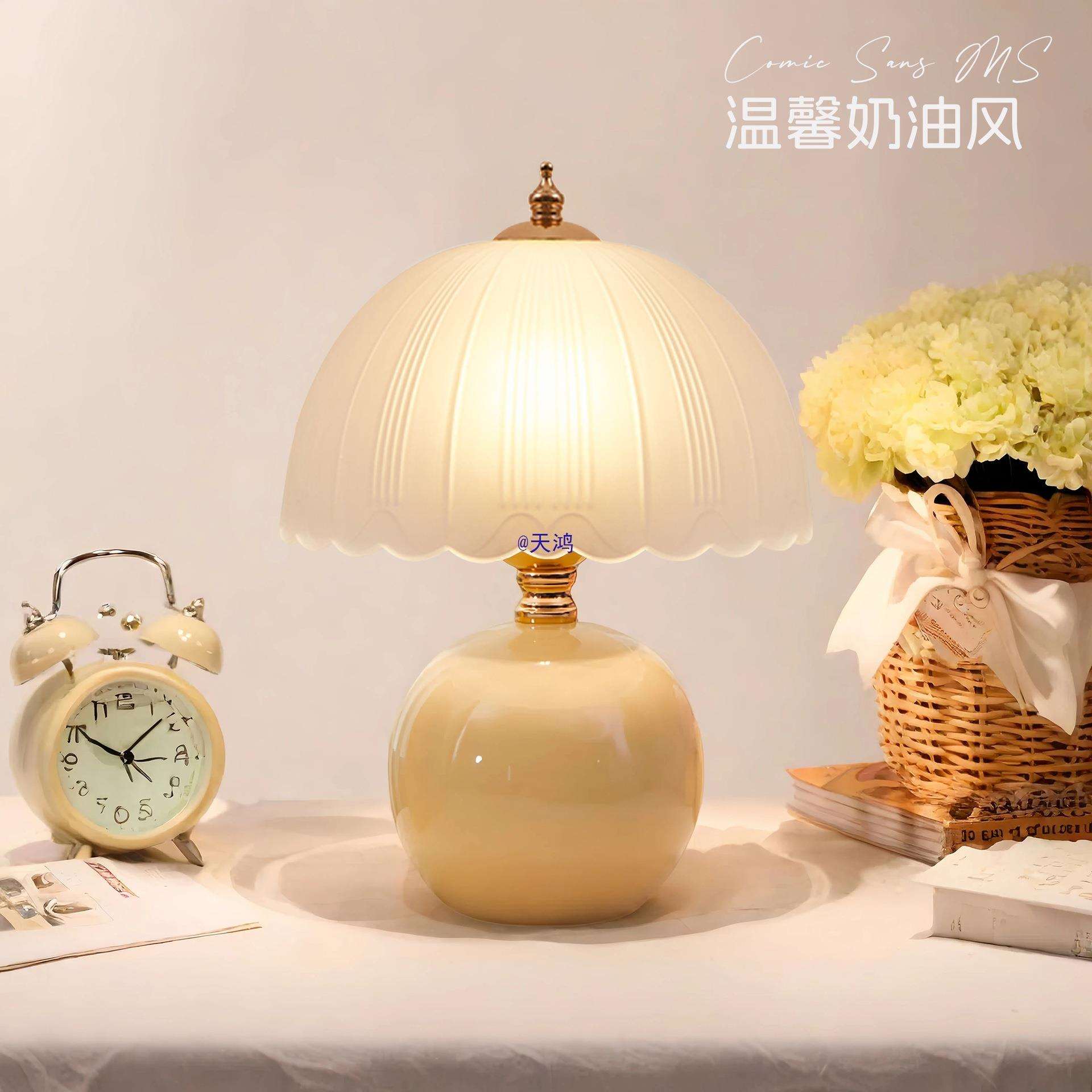 奶油风创意感轻奢卧室台灯结婚床头温馨陶瓷氛围长明小夜灯