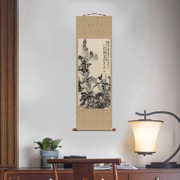 陈师曾古木寒岩图卷轴挂画国画山水名画复制品字画中式玄关装饰画
